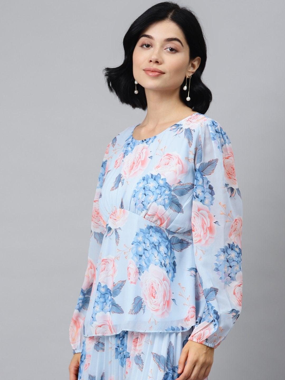 Women's Light Blue Floral Peplum Top - SASSAFRAS - Indiakreations