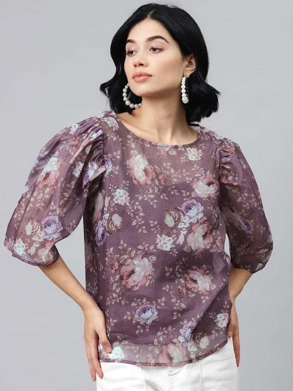 Women's Mauve Floral Puff Sleeve Top - SASSAFRAS - Indiakreations