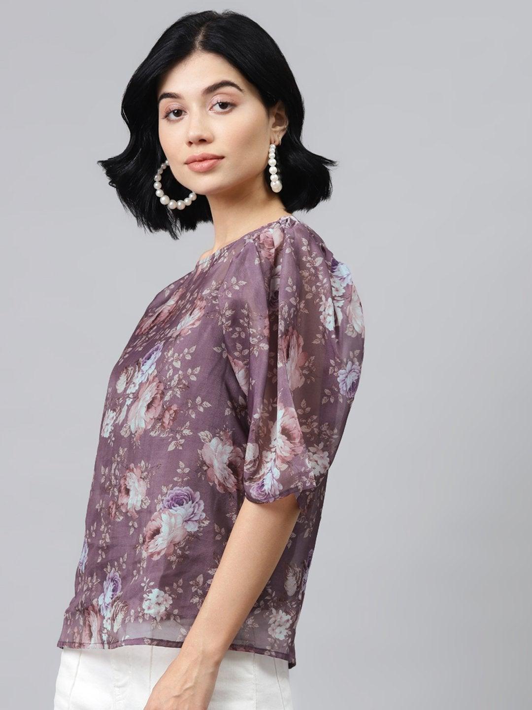 Women's Mauve Floral Puff Sleeve Top - SASSAFRAS - Indiakreations