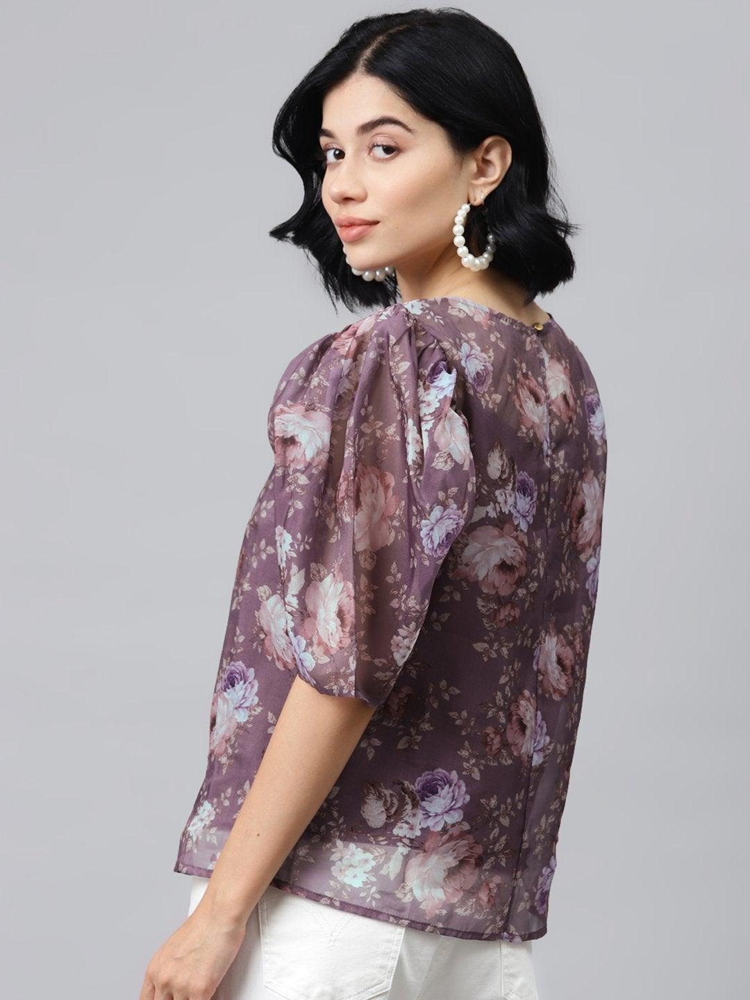 Women's Mauve Floral Puff Sleeve Top - SASSAFRAS - Indiakreations