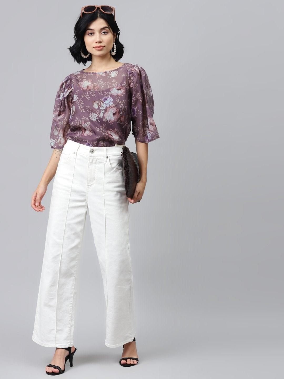 Women's Mauve Floral Puff Sleeve Top - SASSAFRAS - Indiakreations