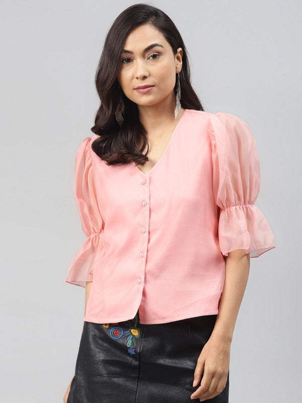 Women's Pastel Pink Front Button Puff Sleeve Top - SASSAFRAS