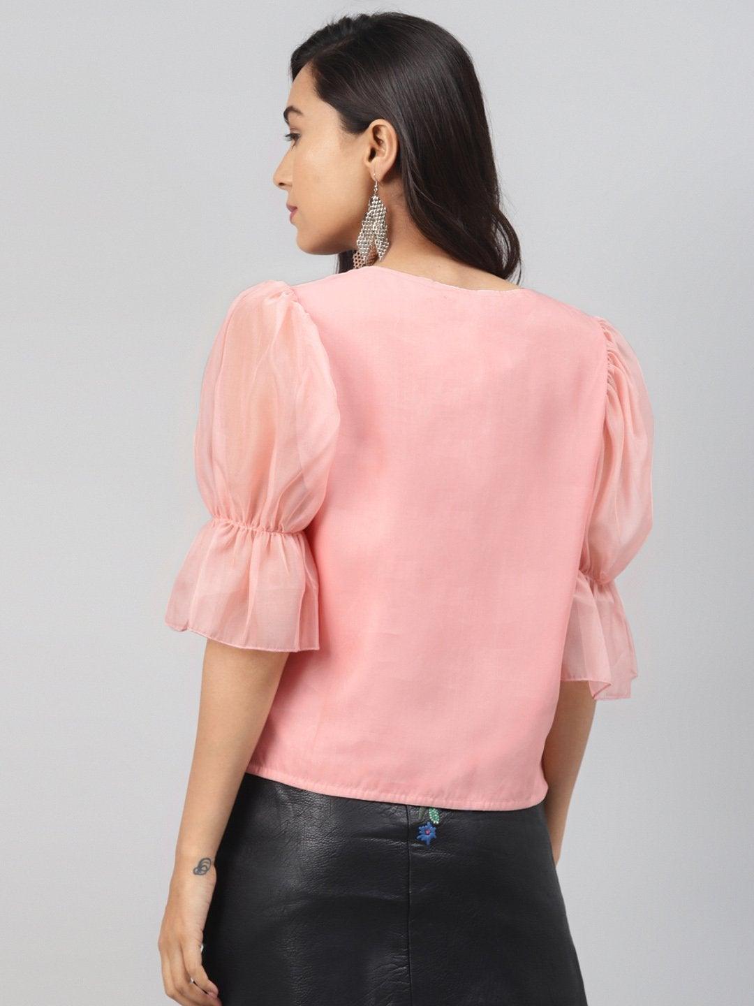 Women's Pastel Pink Front Button Puff Sleeve Top - SASSAFRAS - Indiakreations