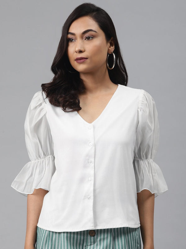 Women's Off White Front Button Puff Sleeve Top - SASSAFRAS