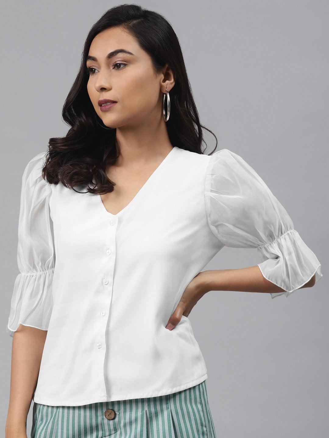 Women's Off White Front Button Puff Sleeve Top - SASSAFRAS - Indiakreations