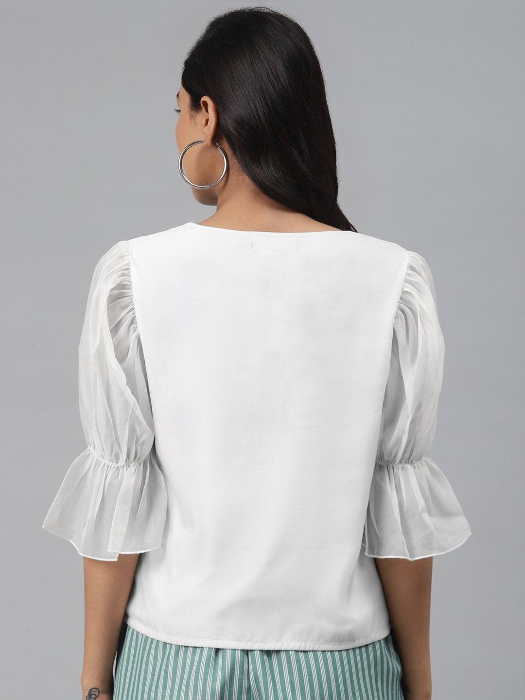 Women's Off White Front Button Puff Sleeve Top - SASSAFRAS - Indiakreations