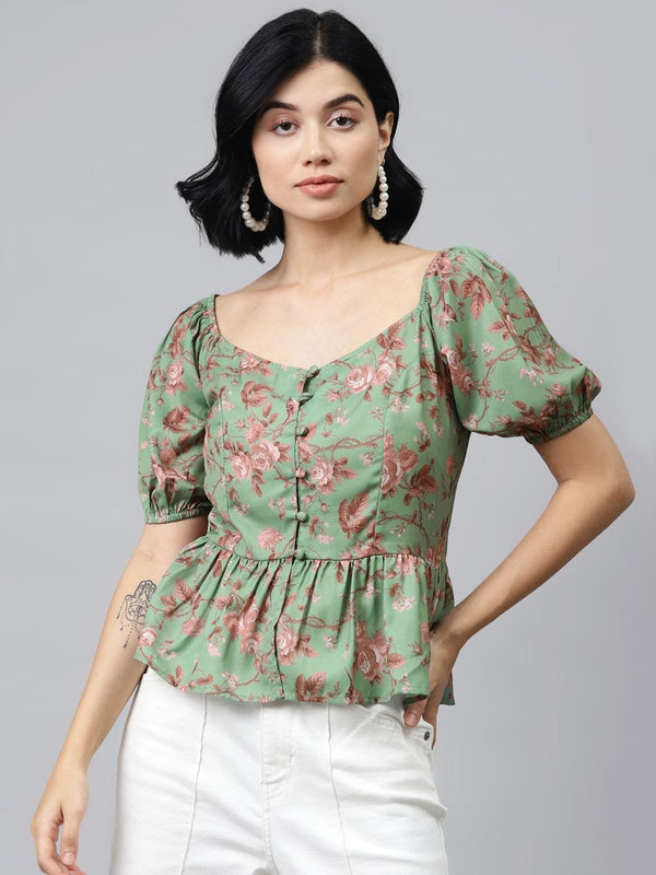 Women's Green Floral Front Button Peplum Top - SASSAFRAS