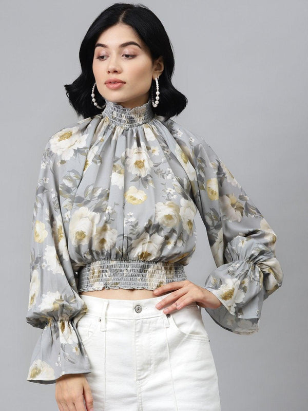 Women's Grey Floral Smocking Detail Crop Top - SASSAFRAS - Indiakreations