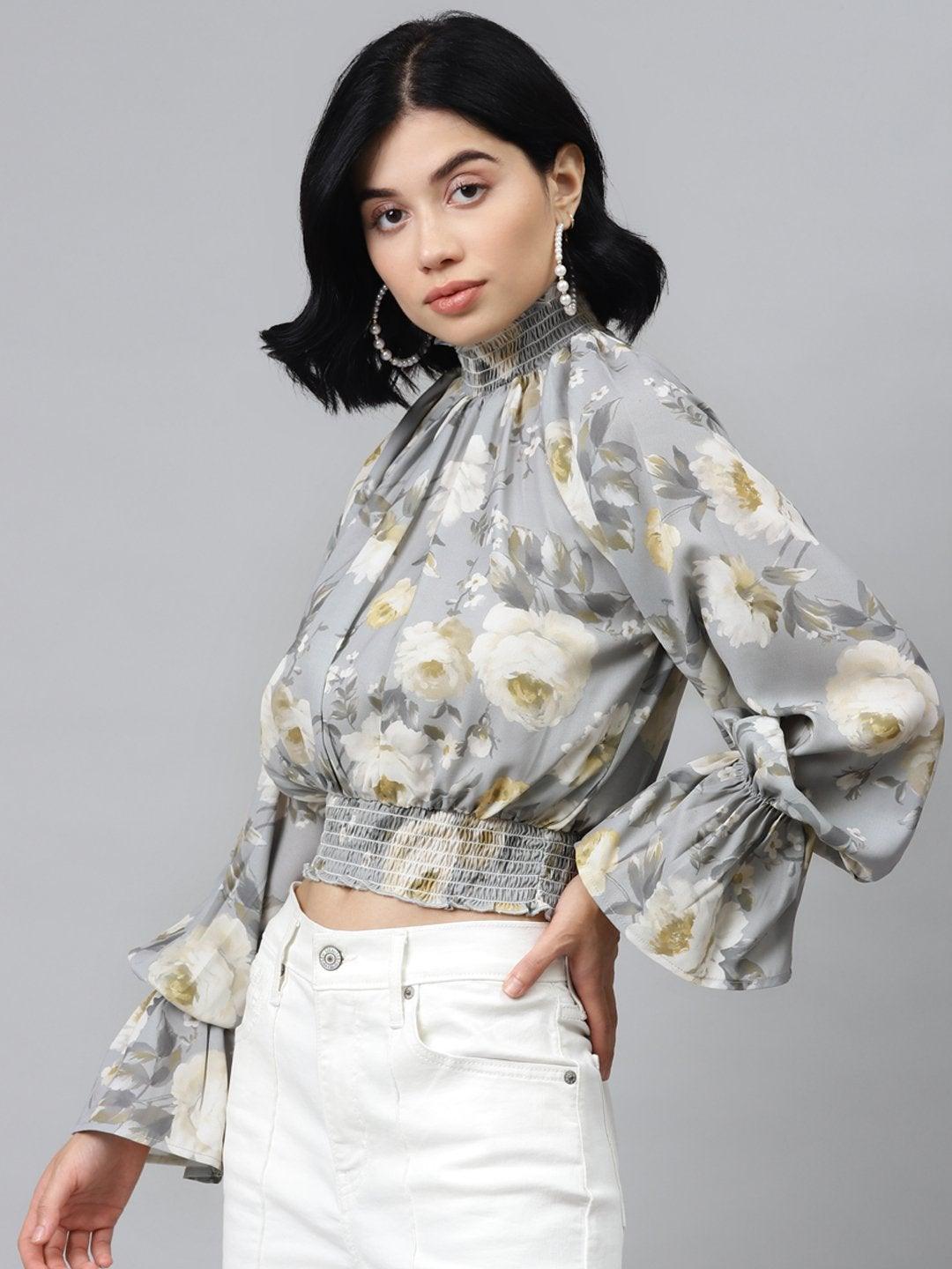 Women's Grey Floral Smocking Detail Crop Top - SASSAFRAS - Indiakreations