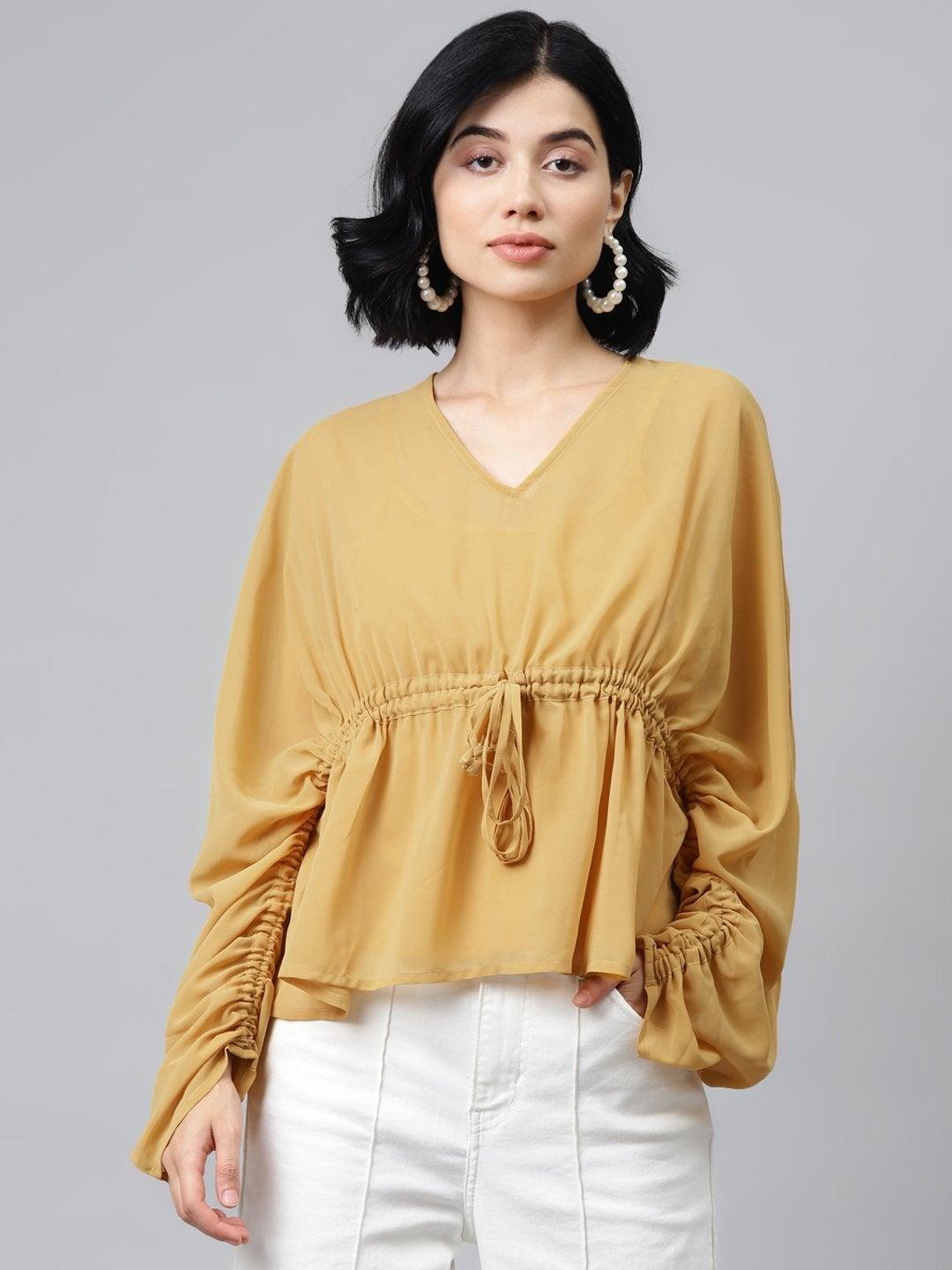 Women's Mustard Drawstring Top - SASSAFRAS - Indiakreations