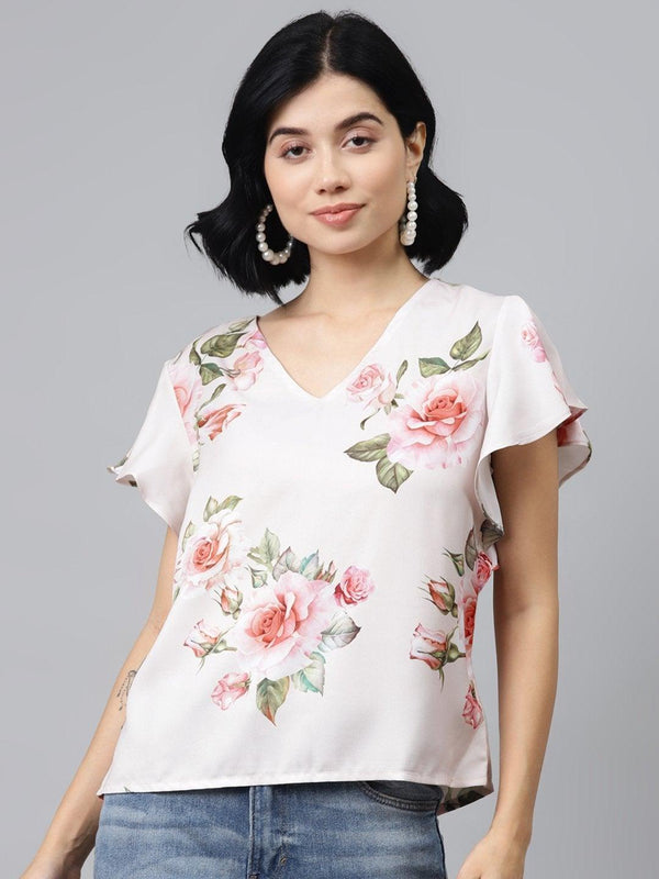 Women's Nude Floral Flared Sleeve Top - SASSAFRAS - Indiakreations