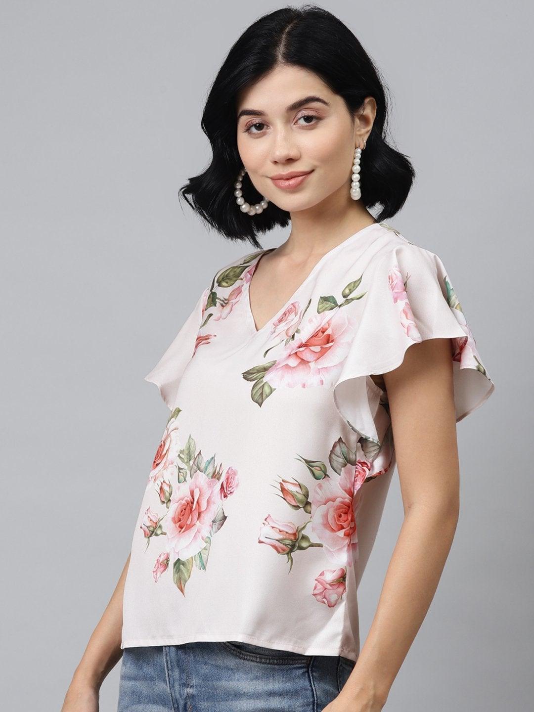 Women's Nude Floral Flared Sleeve Top - SASSAFRAS - Indiakreations