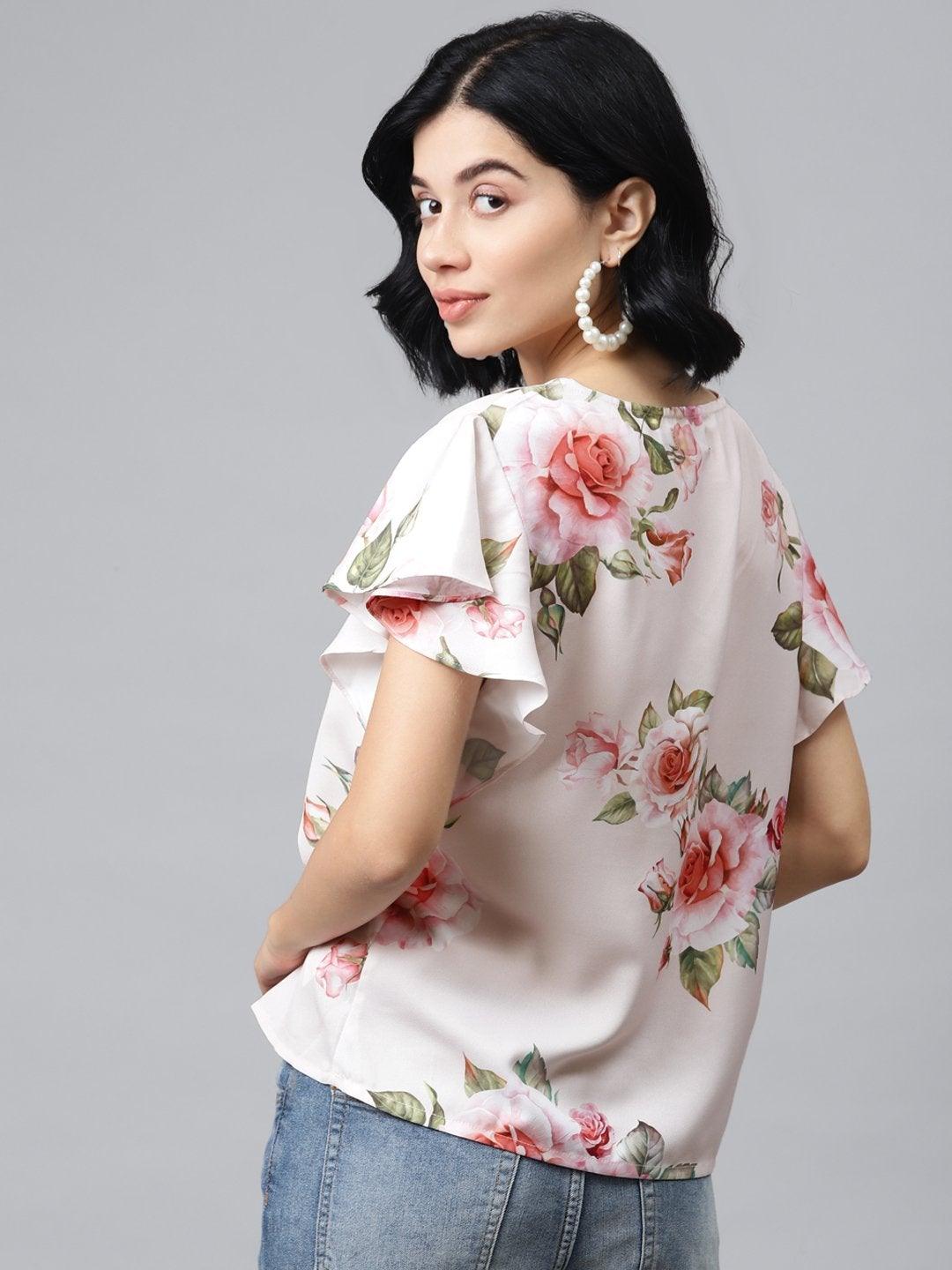 Women's Nude Floral Flared Sleeve Top - SASSAFRAS - Indiakreations