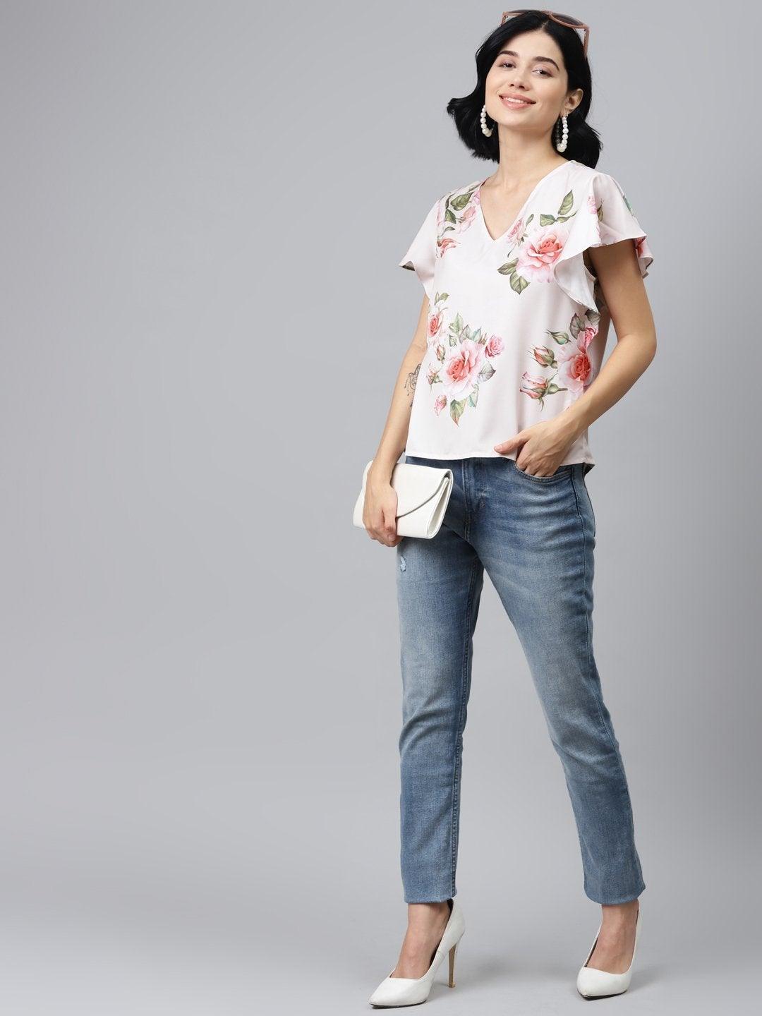 Women's Nude Floral Flared Sleeve Top - SASSAFRAS - Indiakreations