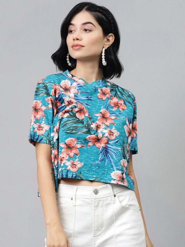 Women's Blue Floral Boxy Crop Top - SASSAFRAS - Indiakreations