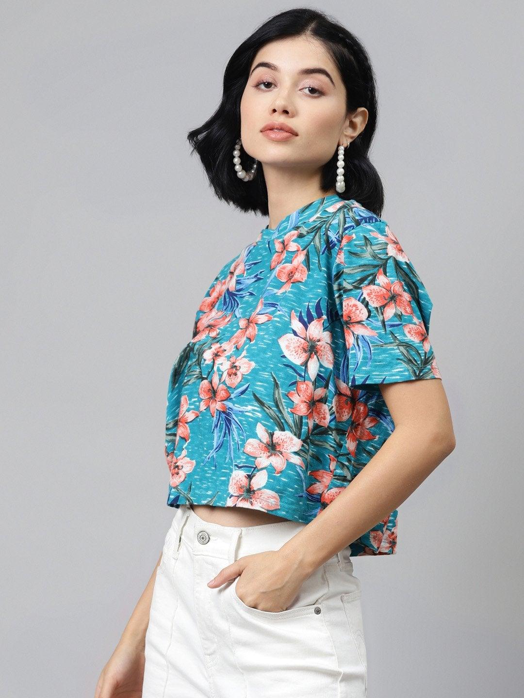 Women's Blue Floral Boxy Crop Top - SASSAFRAS - Indiakreations