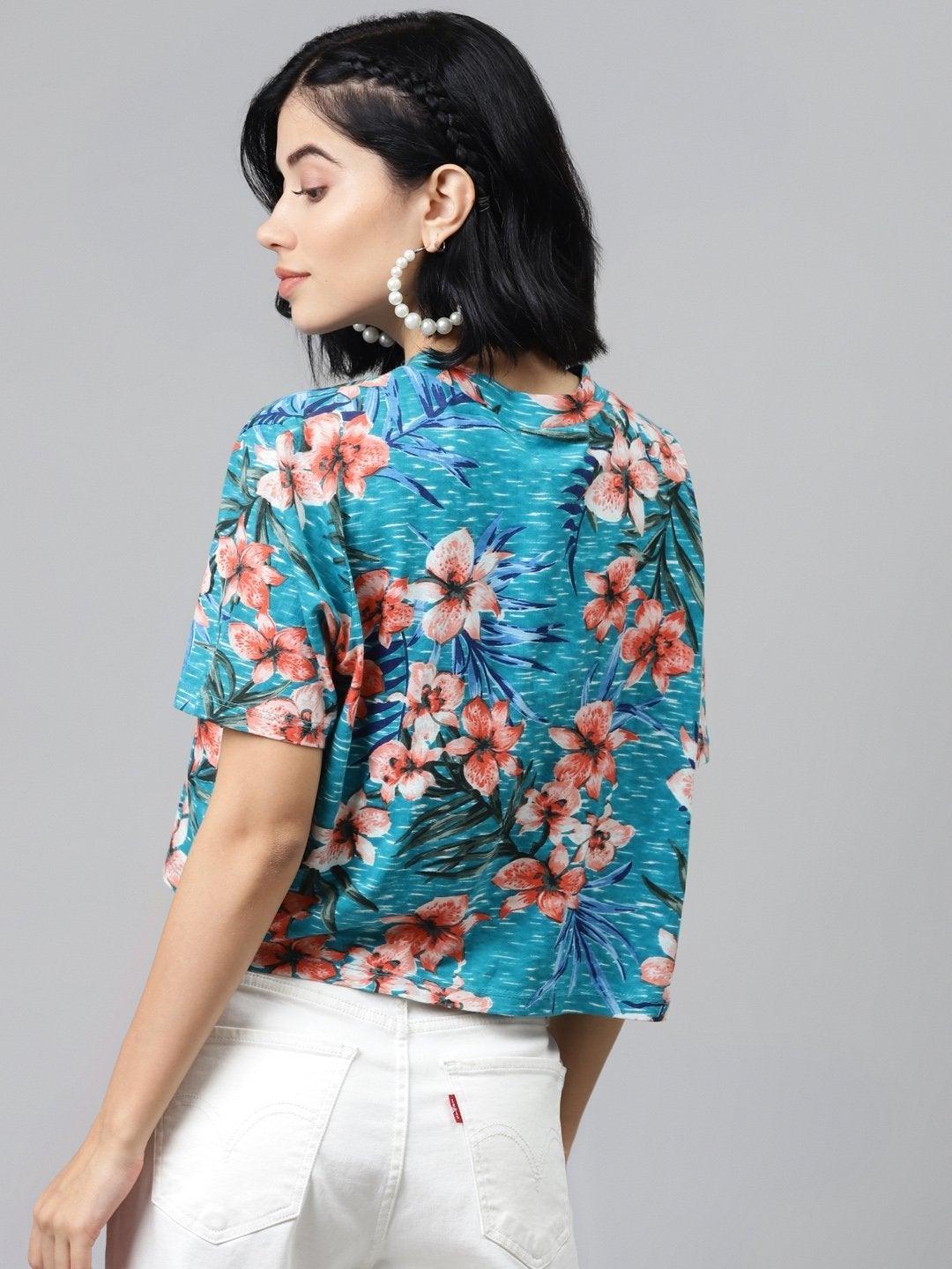 Women's Blue Floral Boxy Crop Top - SASSAFRAS - Indiakreations