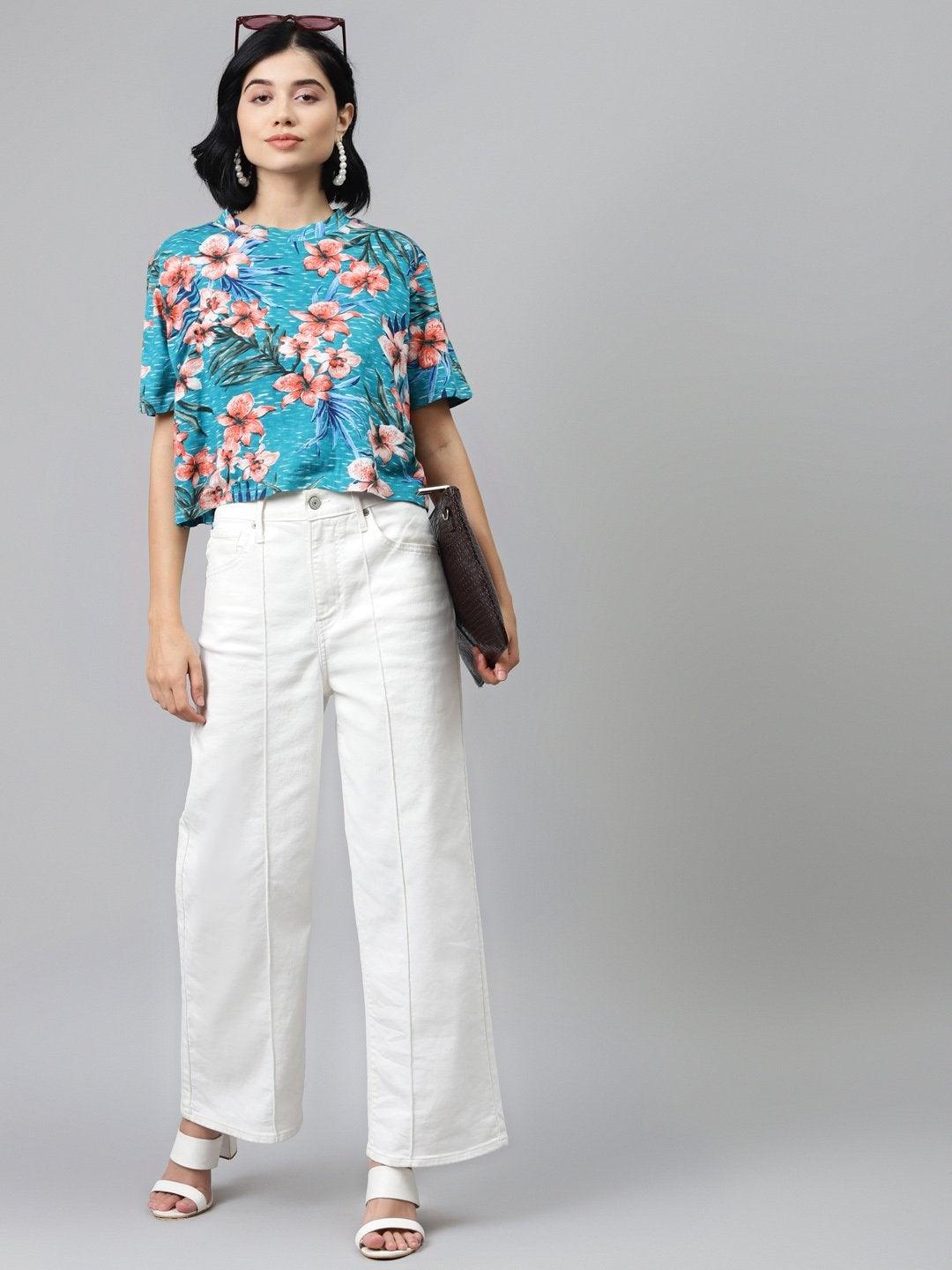 Women's Blue Floral Boxy Crop Top - SASSAFRAS - Indiakreations