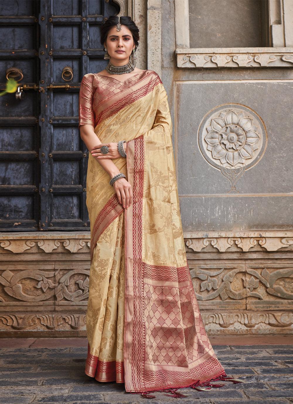 Women's Cream Silk Woven Zari Work Traditional Tassle Saree - Sangam Prints - Indiakreations