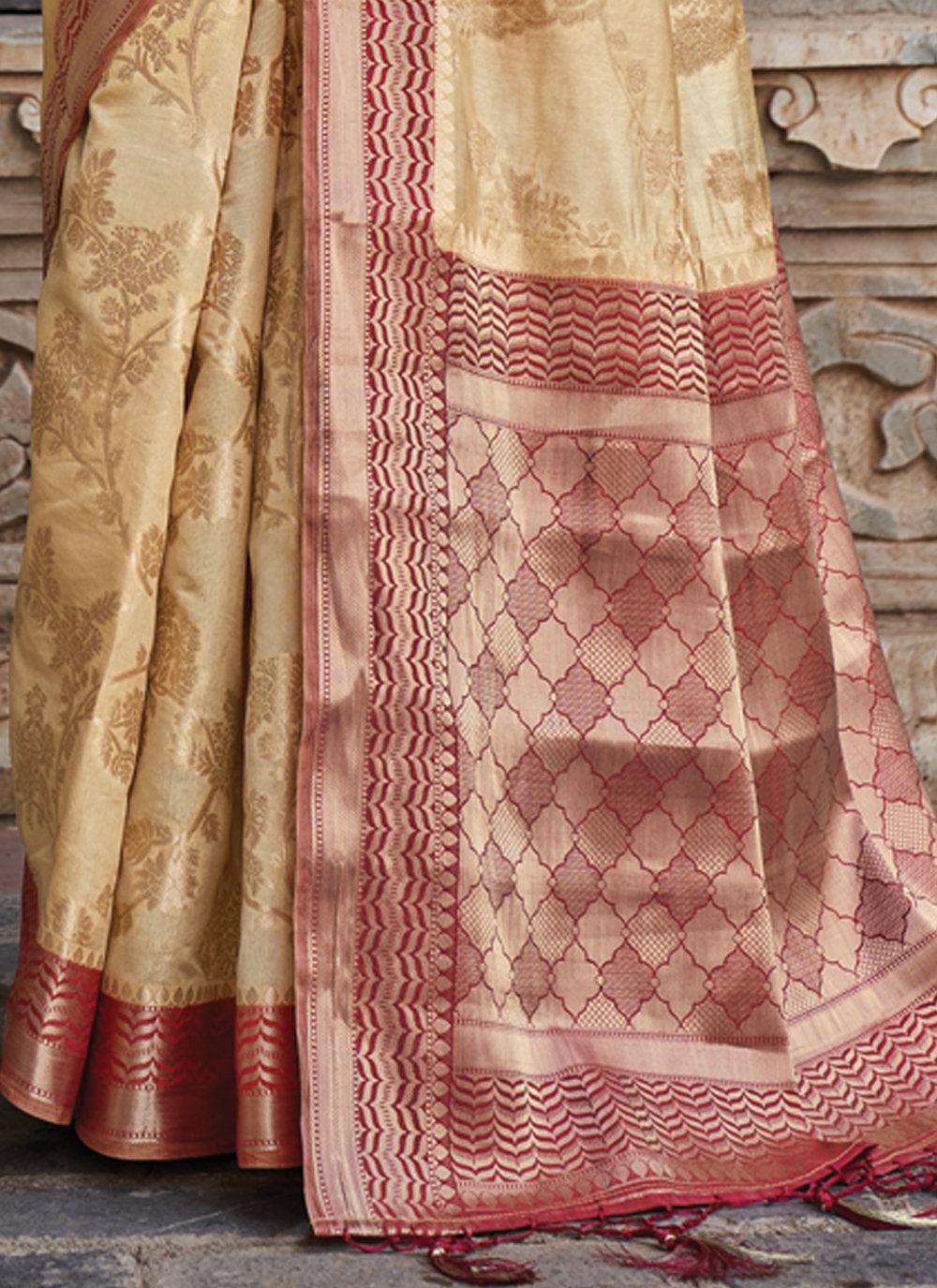 Women's Cream Silk Woven Zari Work Traditional Tassle Saree - Sangam Prints - Indiakreations