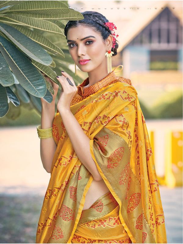 Women's Yellow organza Woven Zari Work Traditional Tassle Saree - Sangam Prints