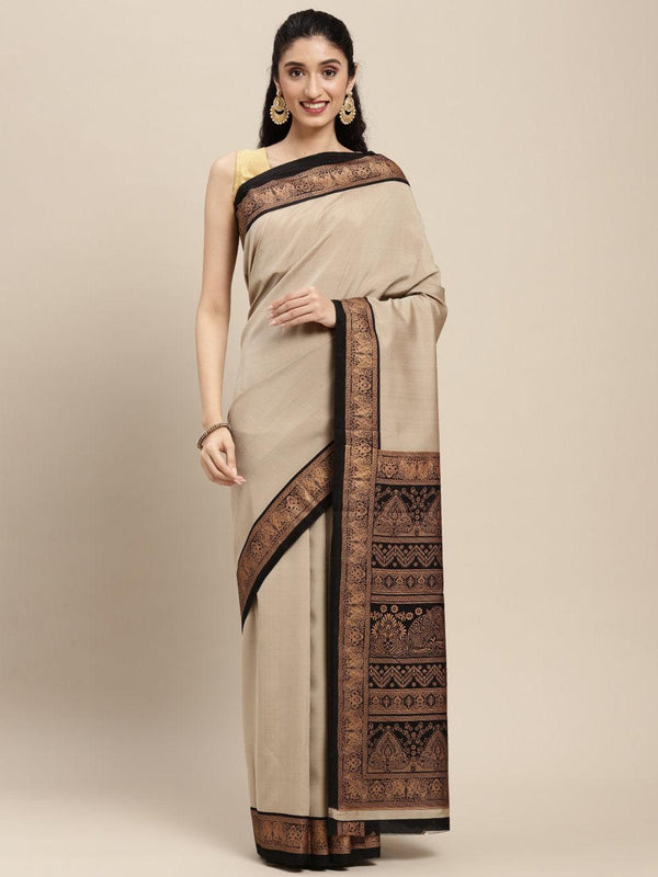 Women's Beige Art Silk Woven Work Traditional Saree - Sangam Prints - Indiakreations