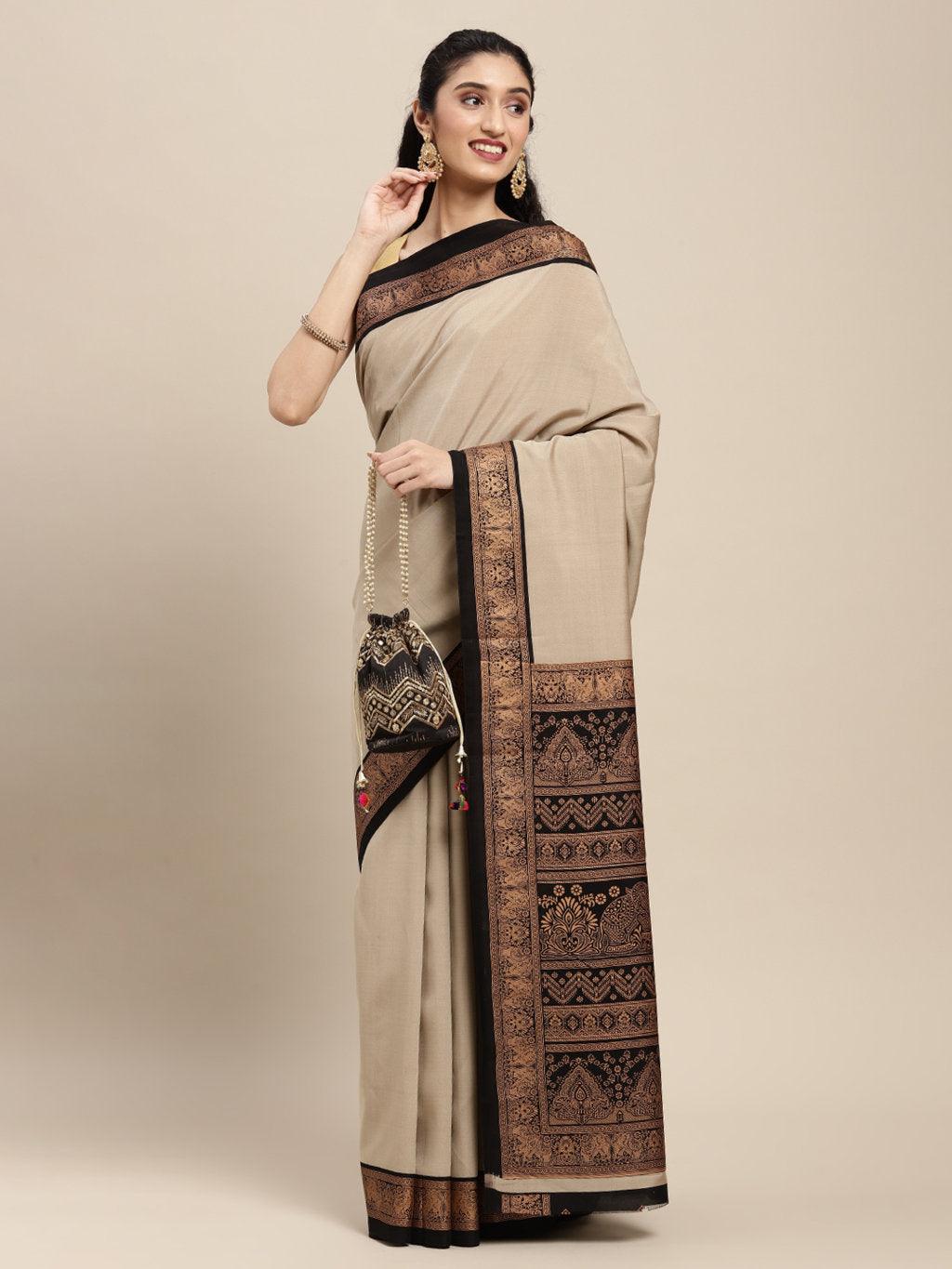 Women's Beige Art Silk Woven Work Traditional Saree - Sangam Prints - Indiakreations