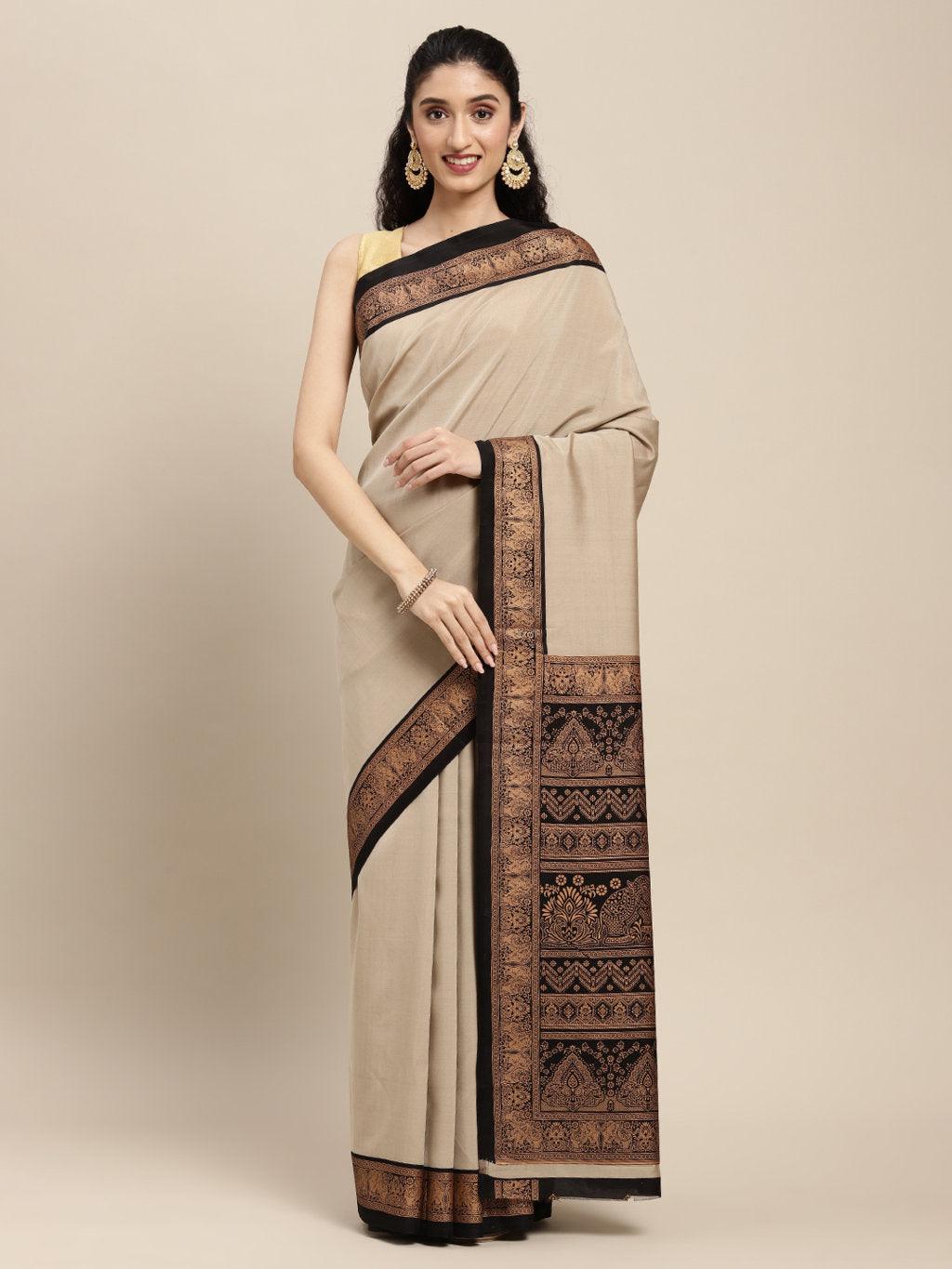 Women's Beige Art Silk Woven Work Traditional Saree - Sangam Prints - Indiakreations