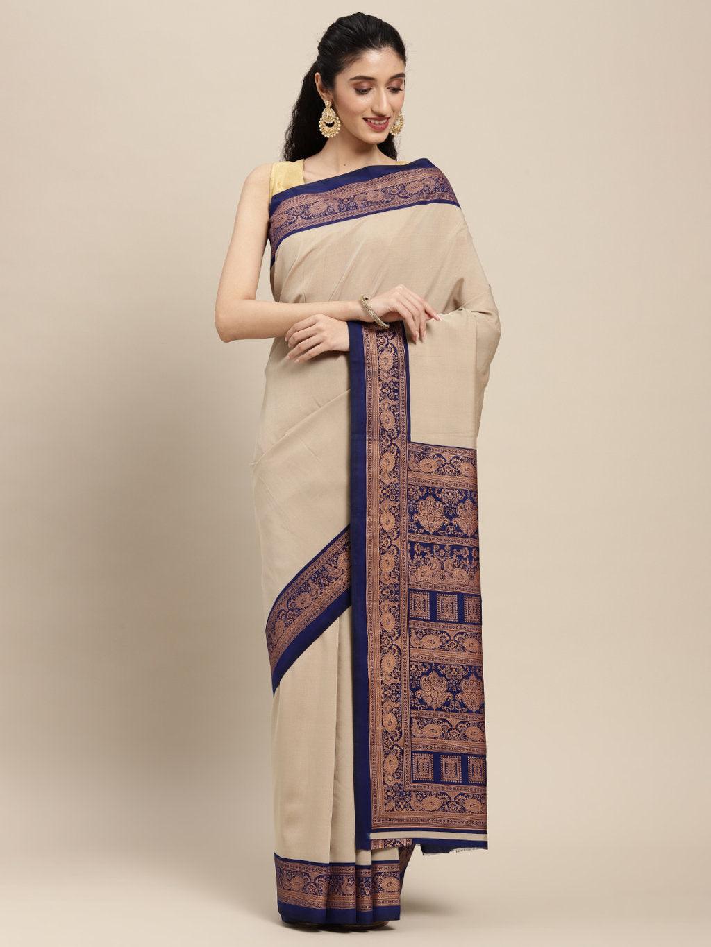 Women's Beige Art Silk Woven Work Traditional Saree - Sangam Prints - Indiakreations