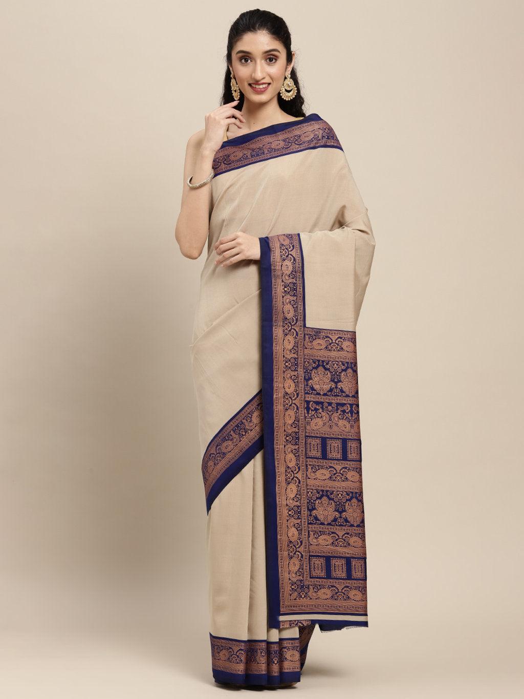 Women's Beige Art Silk Woven Work Traditional Saree - Sangam Prints - Indiakreations