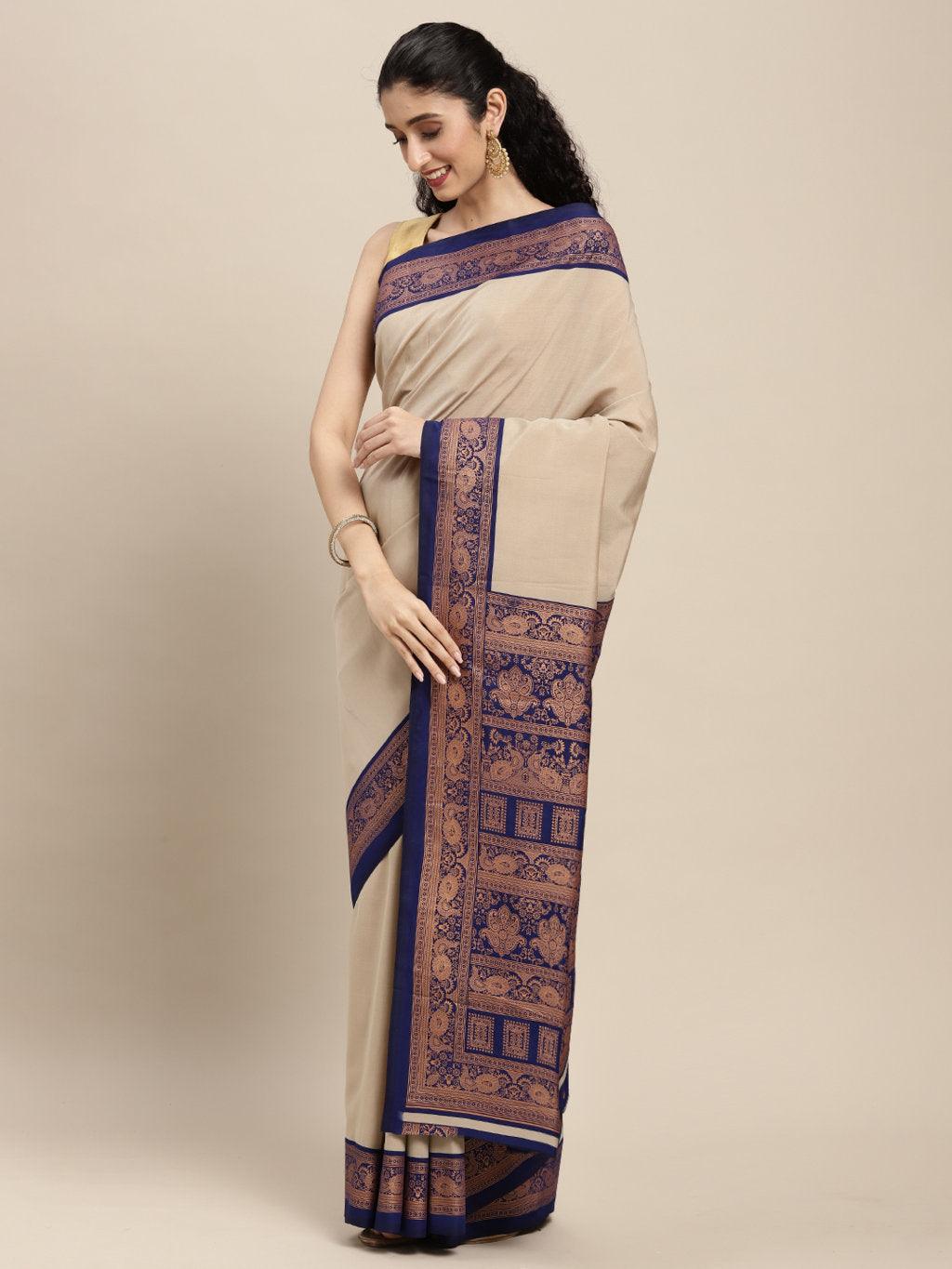 Women's Beige Art Silk Woven Work Traditional Saree - Sangam Prints - Indiakreations