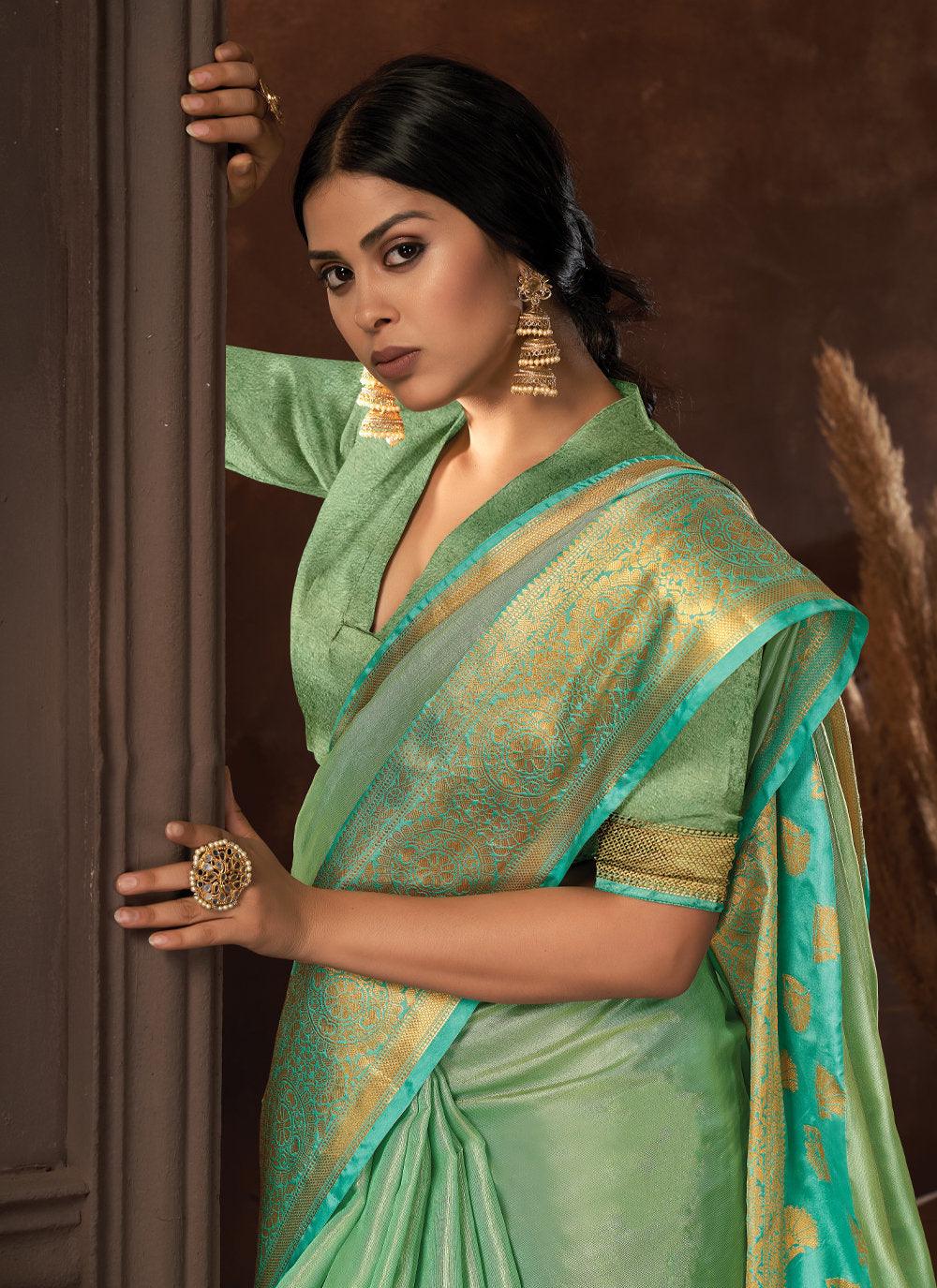 Women's Sea Green Organza Siroski Stone Work Traditional Tassle Saree -R2SG - Indiakreations