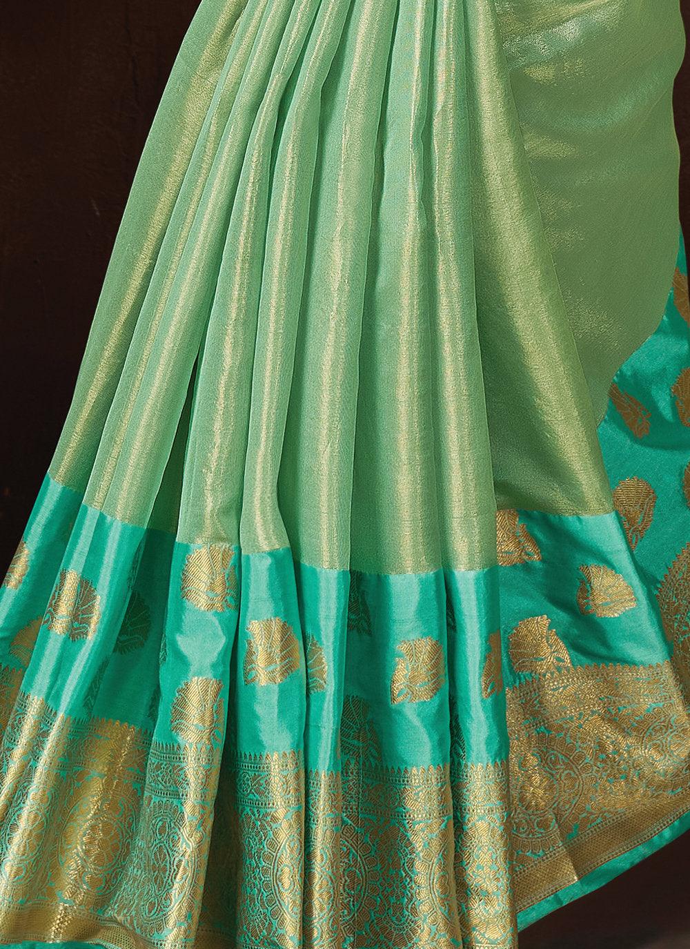 Women's Sea Green Organza Siroski Stone Work Traditional Tassle Saree -R2SG - Indiakreations