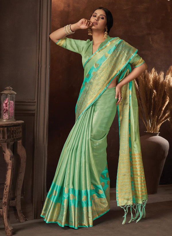 Women's Sea Green Organza Siroski Stone Work Traditional Tassle Saree -R2SG - Indiakreations