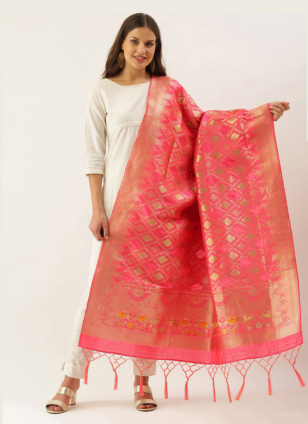 Women's Pink Banarasi silk Weaving Work Traditional Tassel Dupatta - Sangam Prints