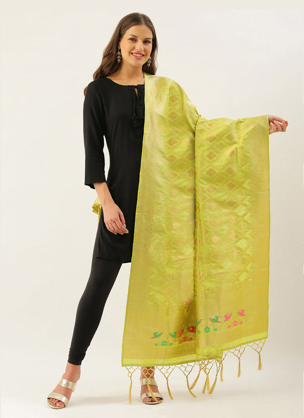 Women's Pista Green Banarasi silk Weaving Work Traditional Tassel Dupatta - Sangam Prints