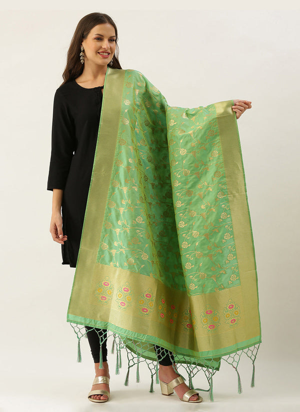 Women's Green Banarasi silk Weaving Work Traditional Tassel Dupatta - Sangam Prints