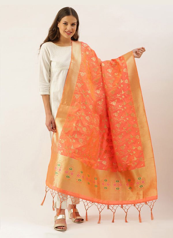 Women's Orange Banarasi silk Weaving Work Traditional Tassel Dupatta - Sangam Prints