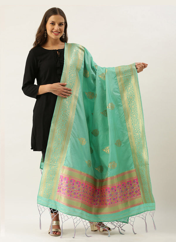 Women's Green Banarasi silk Weaving Work Traditional Tassel Dupatta - Sangam Prints