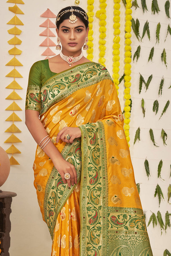 Women's Yellow Silk Woven Zari Work Traditional Tassle Saree - Sangam Prints