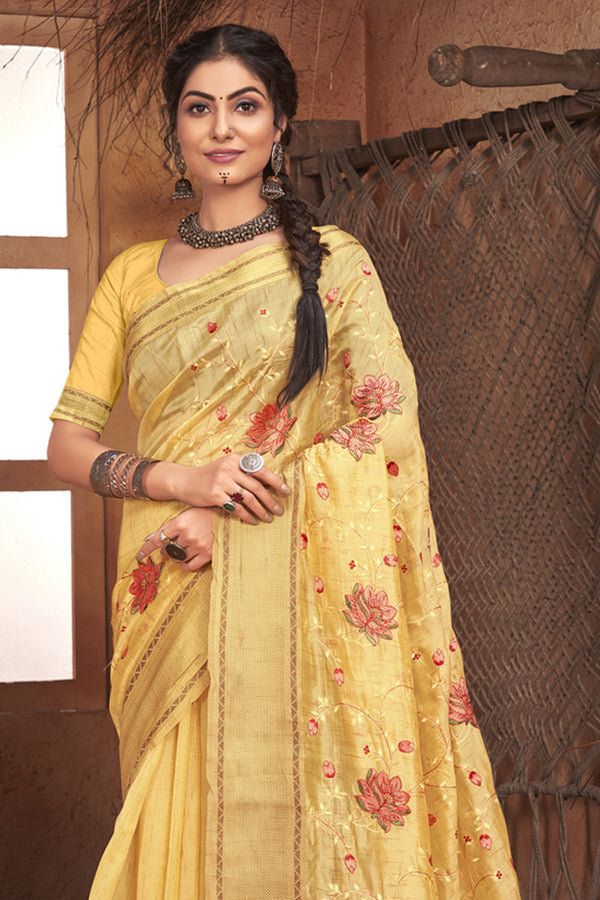 Women's Yellow Organza Embroidery With Stone Work Traditional Tassle Saree - Sangam Prints