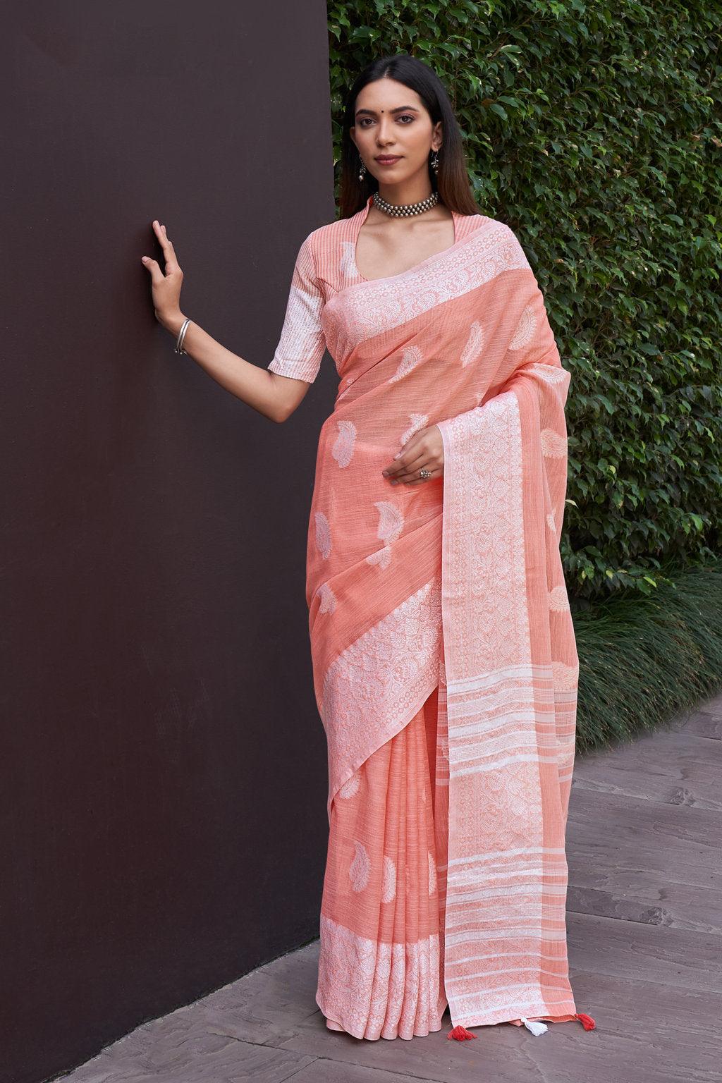 Women's Sangam Prints Peach Linen Thread Work Traditional Tassle saree - Sangam Prints - Indiakreations