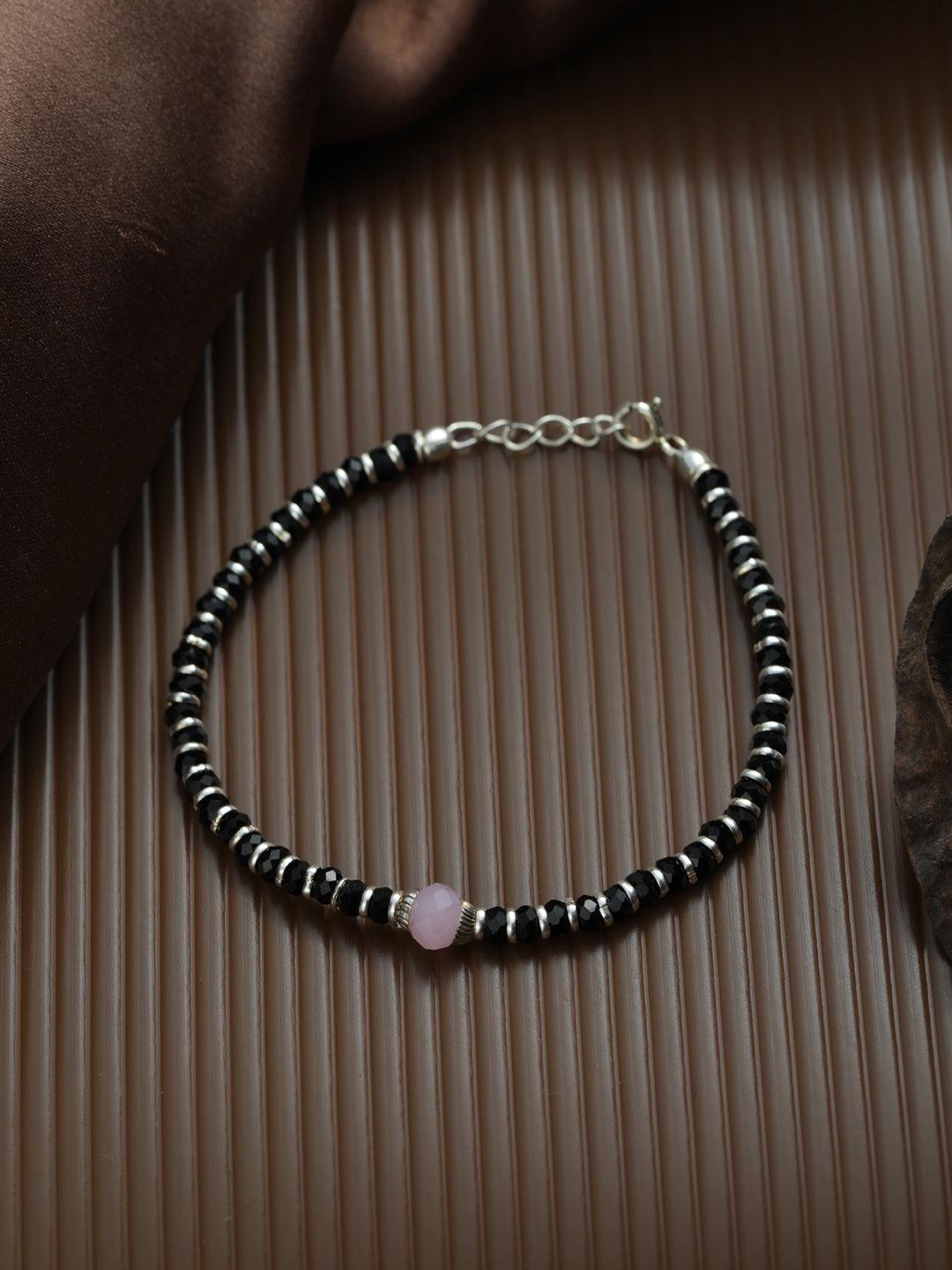 Women's Pink and Black Stone Sterling Silver Bracelet - Priyaasi - Indiakreations