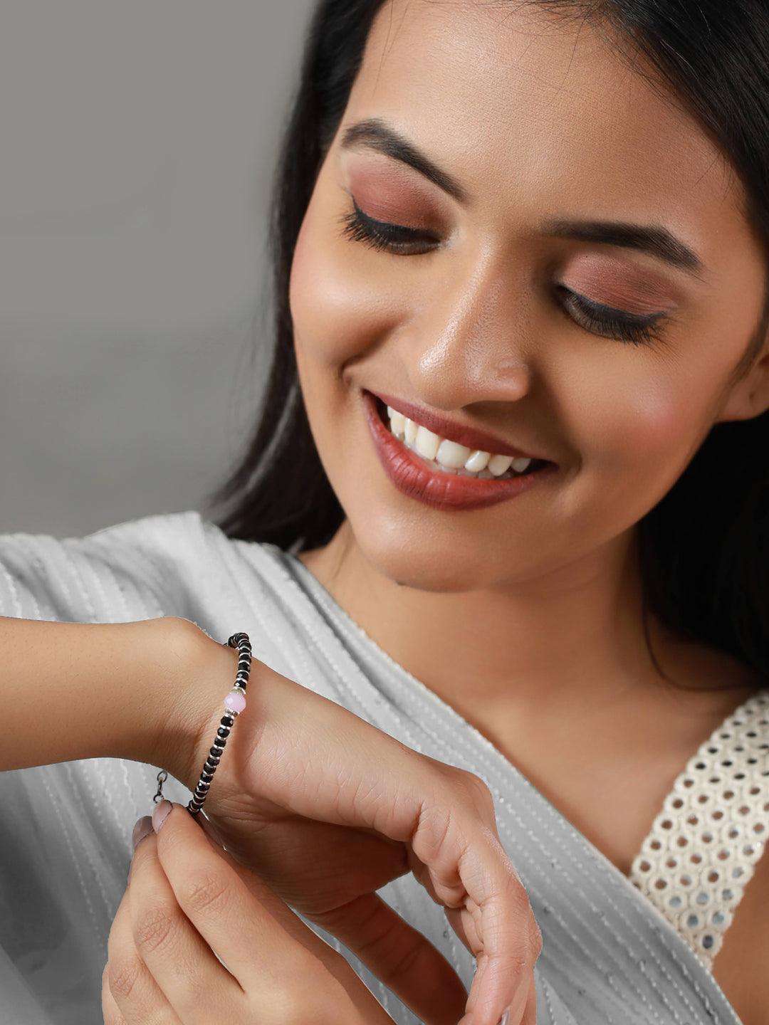 Women's Pink and Black Stone Sterling Silver Bracelet - Priyaasi - Indiakreations