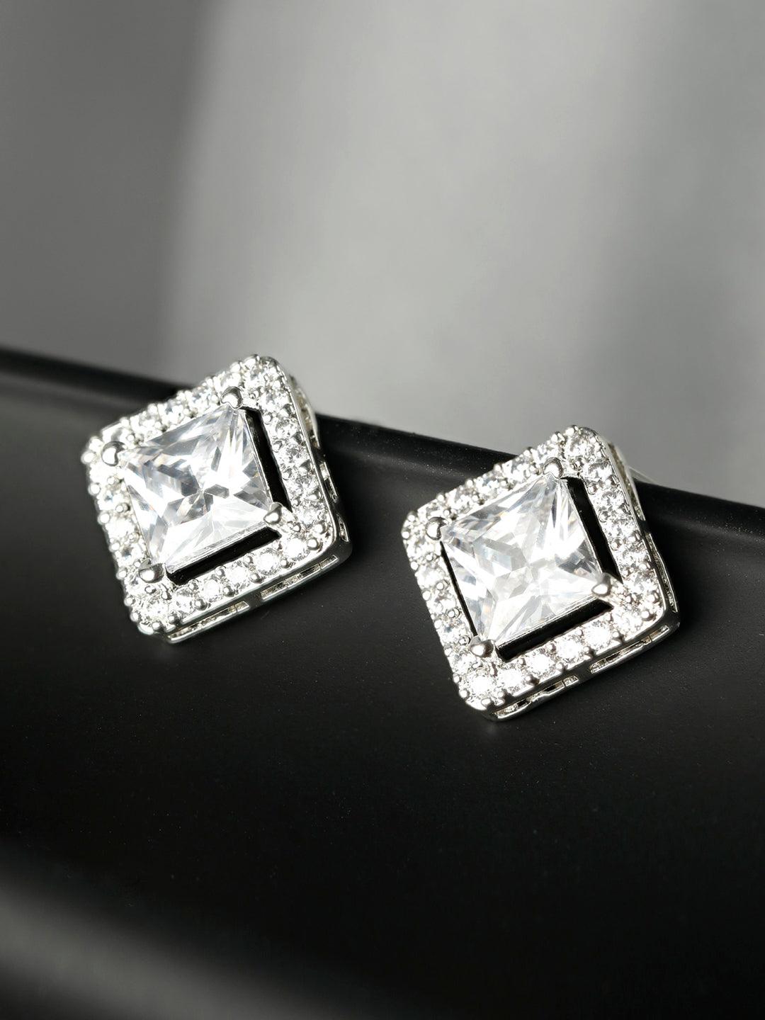 Women's Sterling Silver Square Cubic Zirconia Studs - Priyaasi - Indiakreations