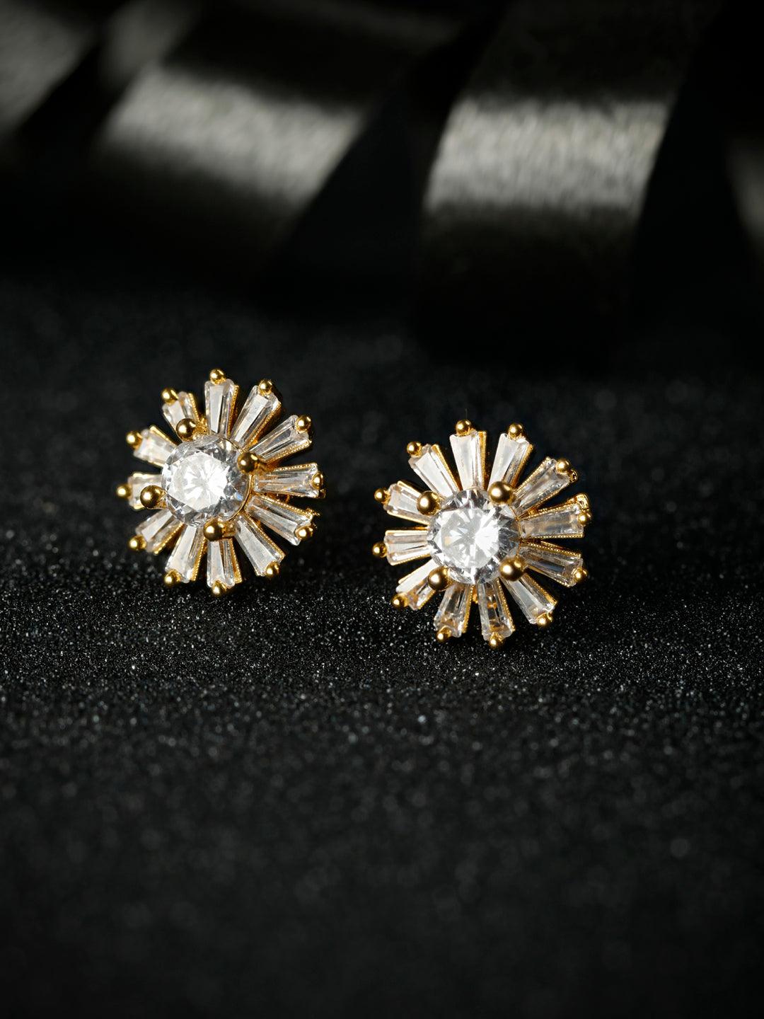 Women's Sterling Silver American Diamond Enchanting Flower Gold Plated Studs - Priyaasi - Indiakreations