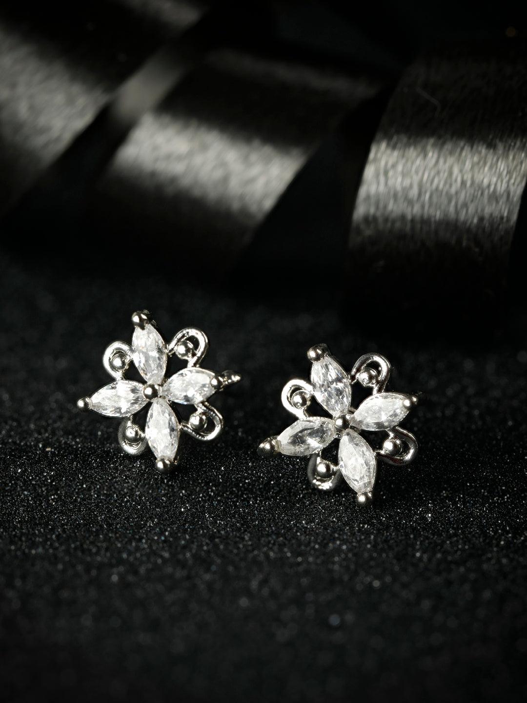 Women's Sterling Silver American Diamond Blooming Flower Studs - Priyaasi - Indiakreations