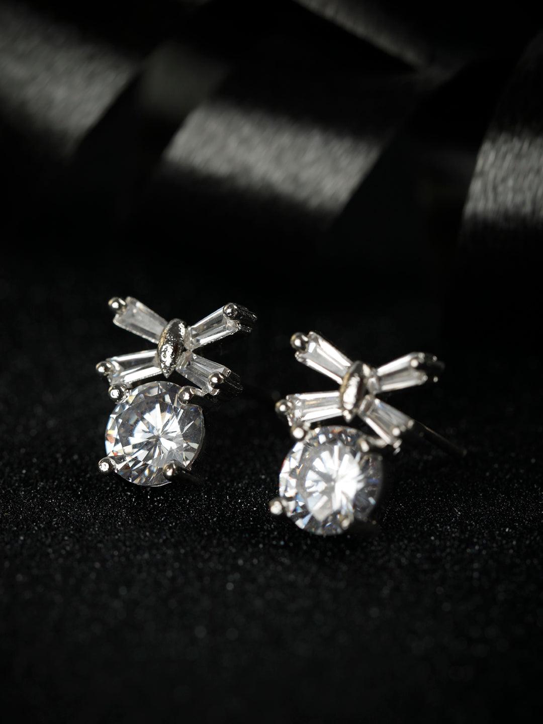 Women's Bow Bright-Cubic Zirconia Sterling Silver Plated Studs - Priyaasi - Indiakreations