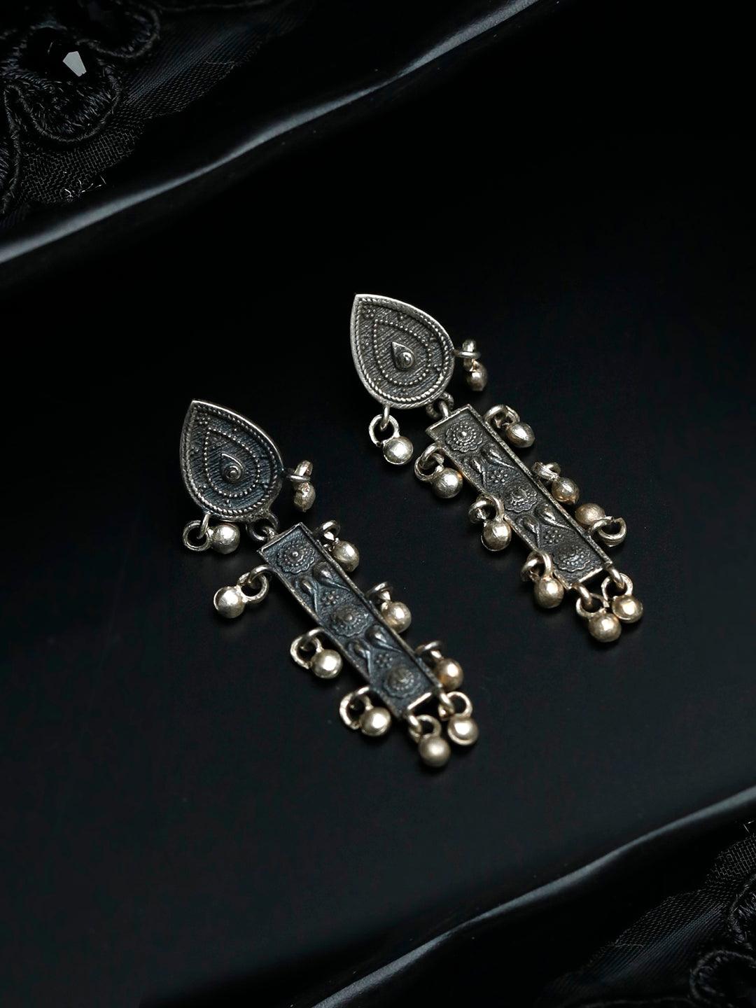 Women's Oxidised Silver Vintage Boho Drop Earrings - Priyaasi - Indiakreations