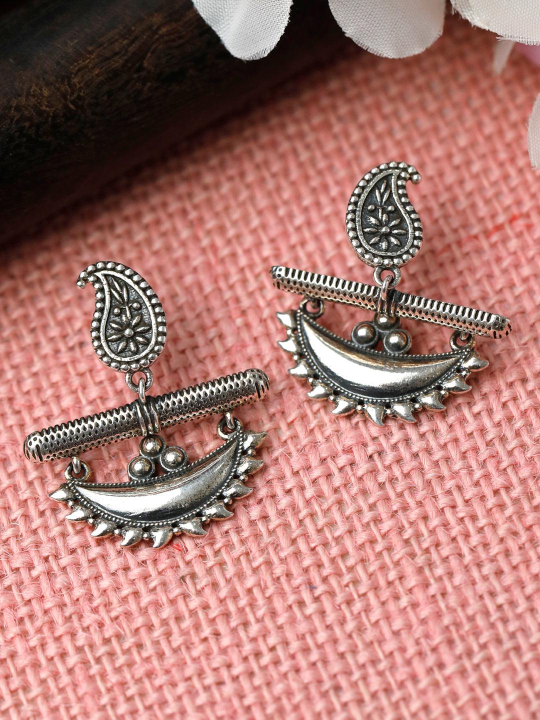 Women's Oxidised Silver Crescent Moon Tribal Drop Earrings- Priyaasi - Indiakreations